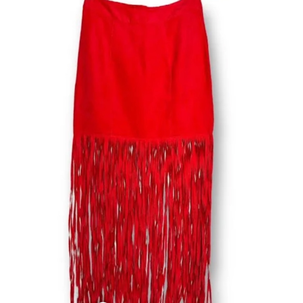 h&m x coachella collab - red suede fringe skirt - size 10